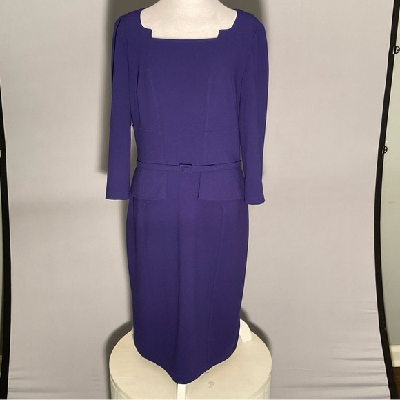 David Meister Size 10 Purple Sheath Dress Fabric Belt 3/4 Sleeve Unique Neckline - Picture 14 of 14